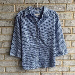 Chico's 3/4 Sleeve Button Front Collared Blue/White 100% Cotton Shirt Size 1 (M)